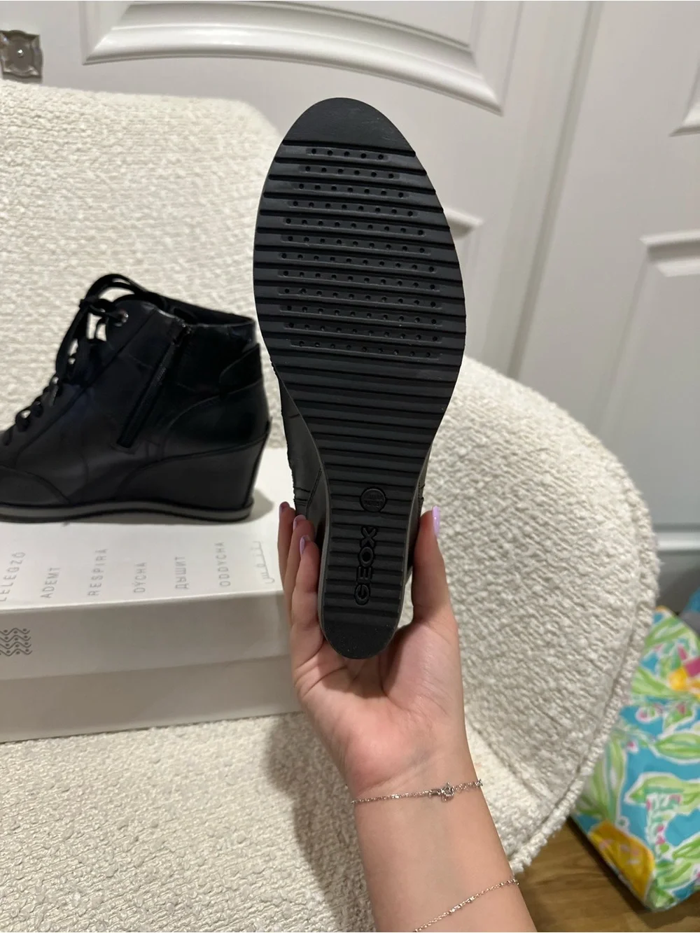 Geox Black Leather Lace-Up Wedge Ankle Boots